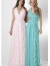 V Neck Beaded Halter Ruched Chiffon Bridesmaids Dress